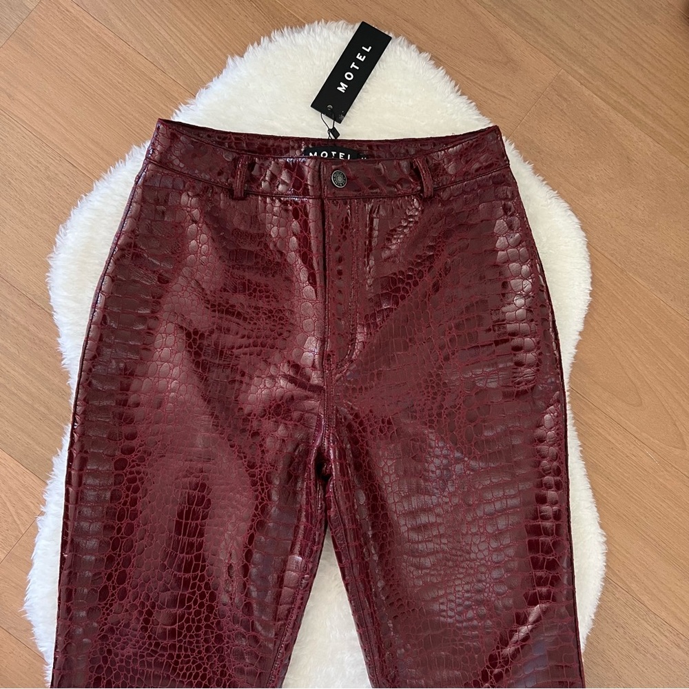 NWT Motel Zoven burgundy leather snake print flared trousers, size medium